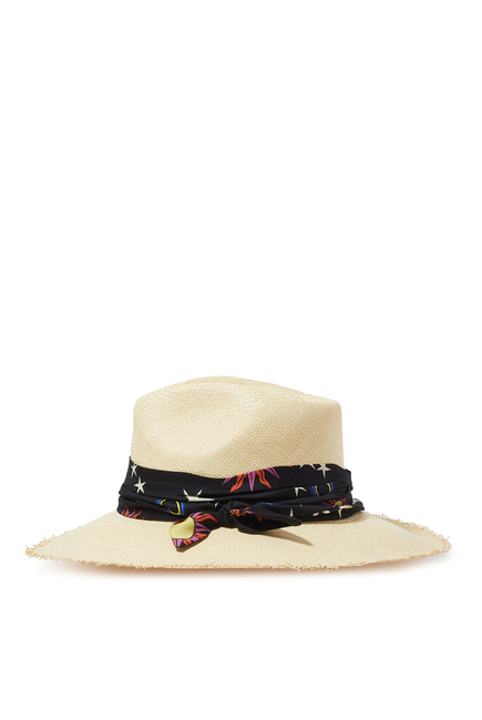 قبعة أغواكاتي بحافة عريضة وشريط قماشي بطبعة